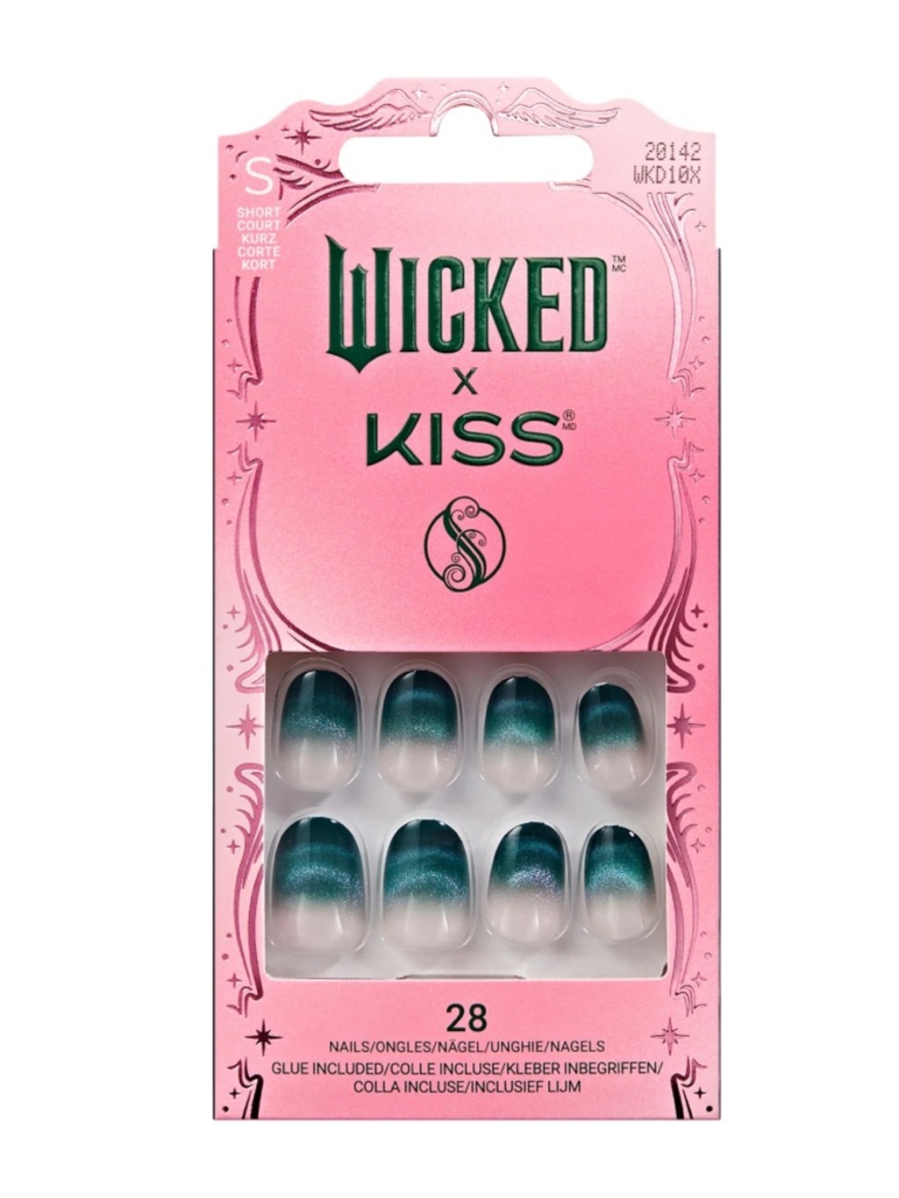 wicked x Kiss glue on dark forest Green Ombre On Nails Set short